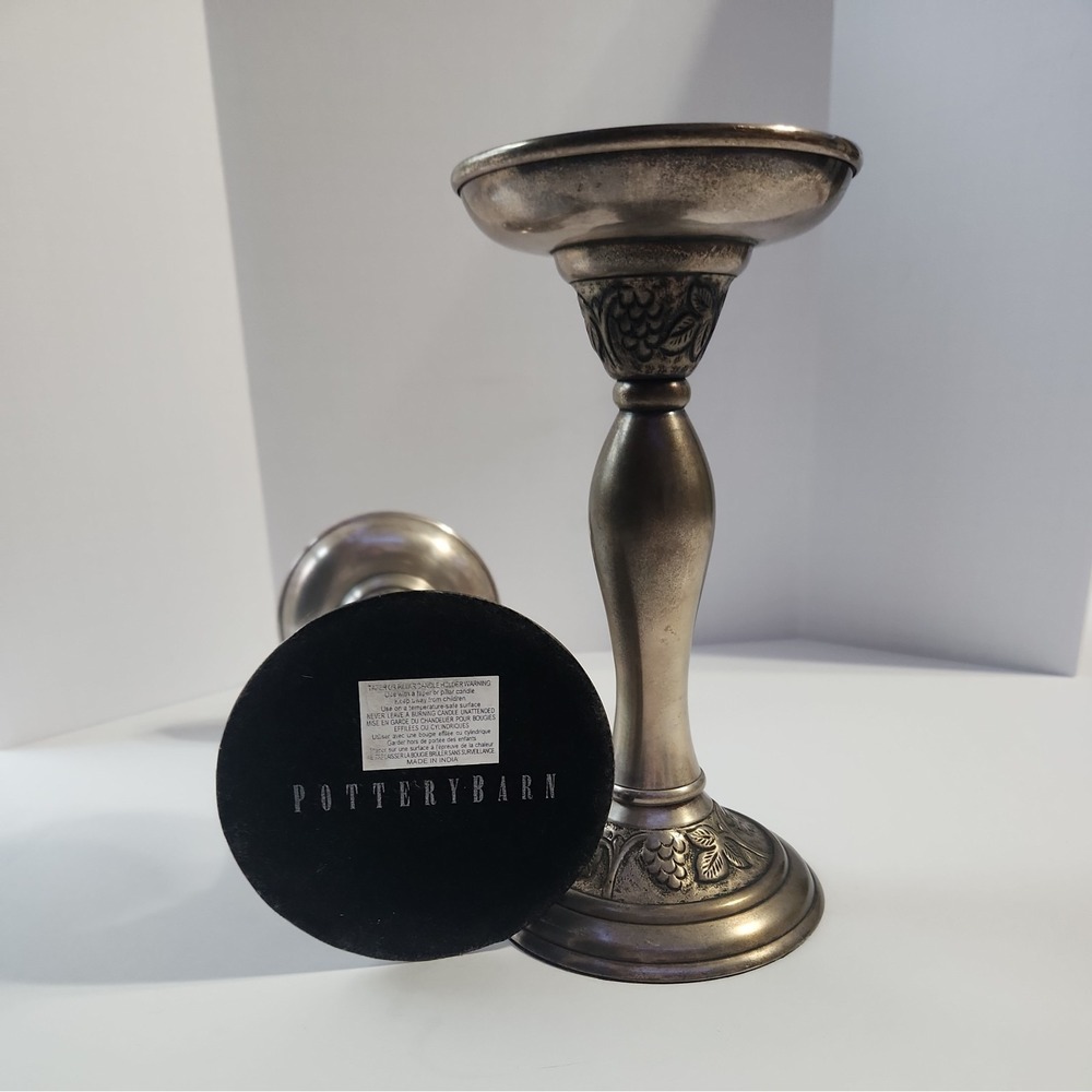 Set of 2 Pottery Barn Pillar Candle Holders 8" Weighted Leaves Grapes Design